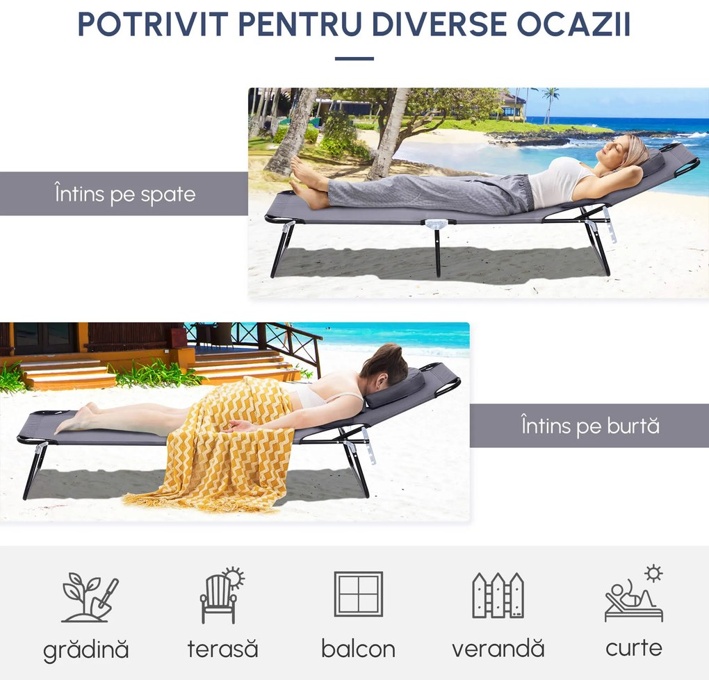 Sezlong Relax Outsunny Pliabil din tesatura Oxford respirabila, structura din otel, Gri | Aosom RO