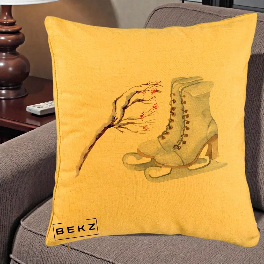 Perna Decorativa Patine cu Ramuri Inzapezite, 40x40 cm, Galben, Husa Detasabila, Perna Inclusa, BEKZ®