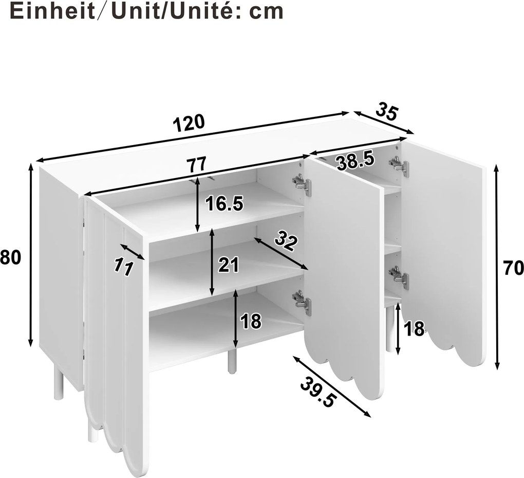 Comodă cu uși ondulate, spațiu de depozitare pentru living, hol &amp; sufragerie, 120x35x80 cm, Alb