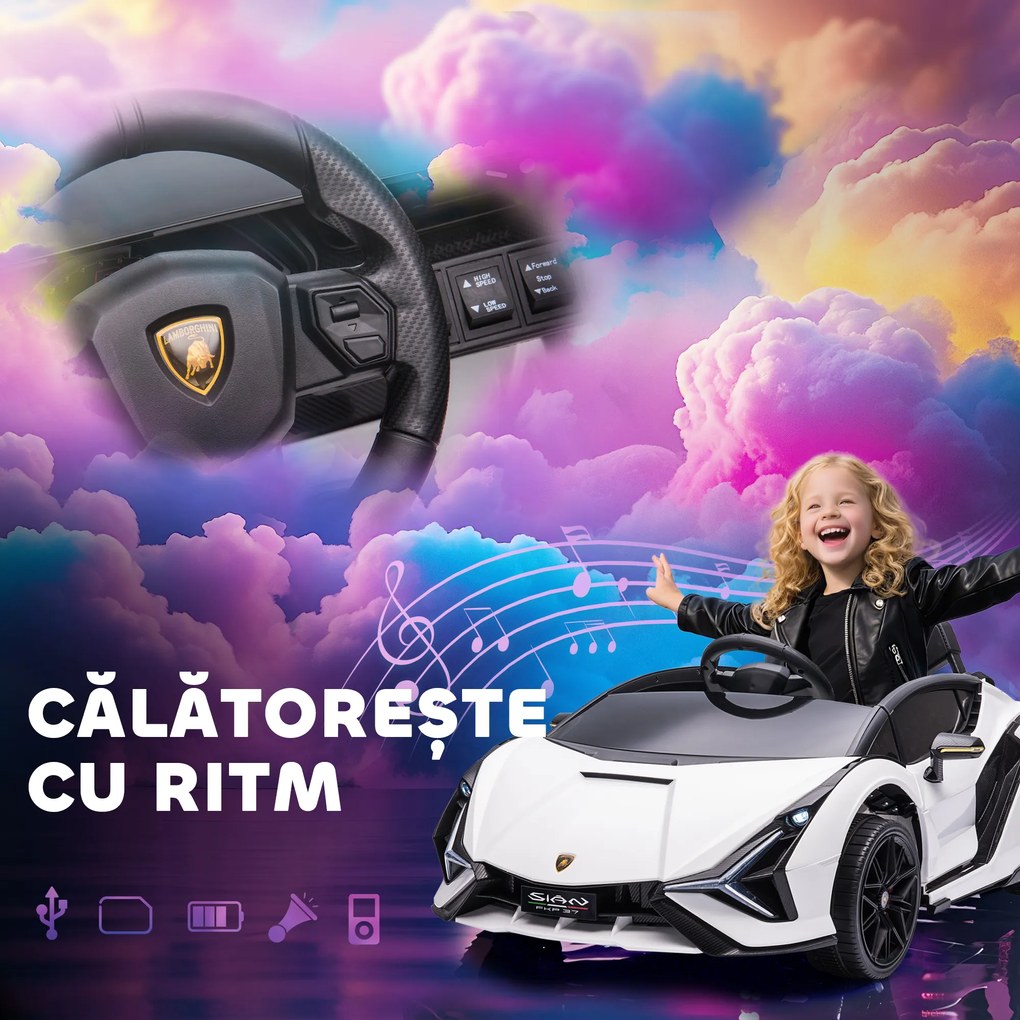 HOMCOM Mașină Electrică pentru Copii 3-5ani, Mașinuță Electrică Lamborghini cu Faruri, Muzică și Telecomandă, 108x62x40cm, Alb | Aosom Romania