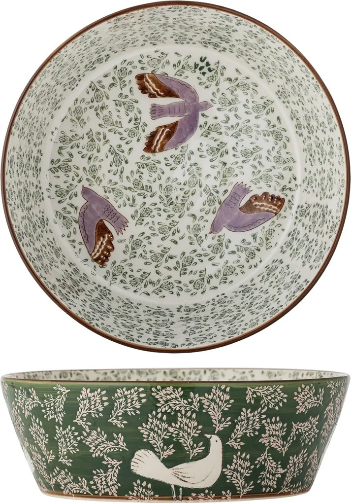 Bol din ceramică cu păsări lila și motive florale verzi pictate manual, 28×9 cm, „Hezha"