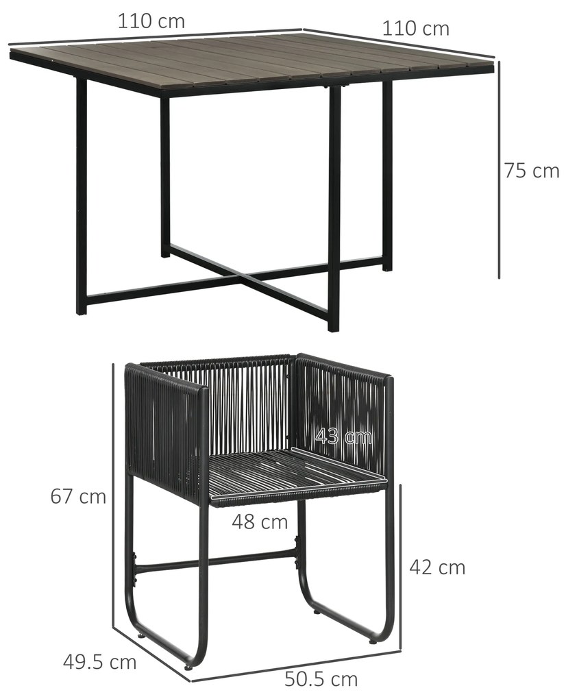 Outsunny Mobilier de Grădină 5 Piese din Ratan PE și Oțel, Set cu 4 Scaune Pliante cu Perne Confortabile, Negru și Gri | Aosom Romania