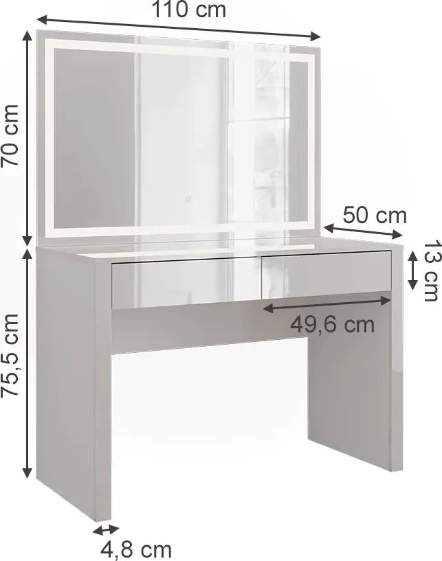 Masuta machiaj cu Oglinda LED si 2 Sertare pentru Cosmetice, Set Masa toaleta 110 cm, Alb Lucios, masuta cosmetica, vanity - SEA813