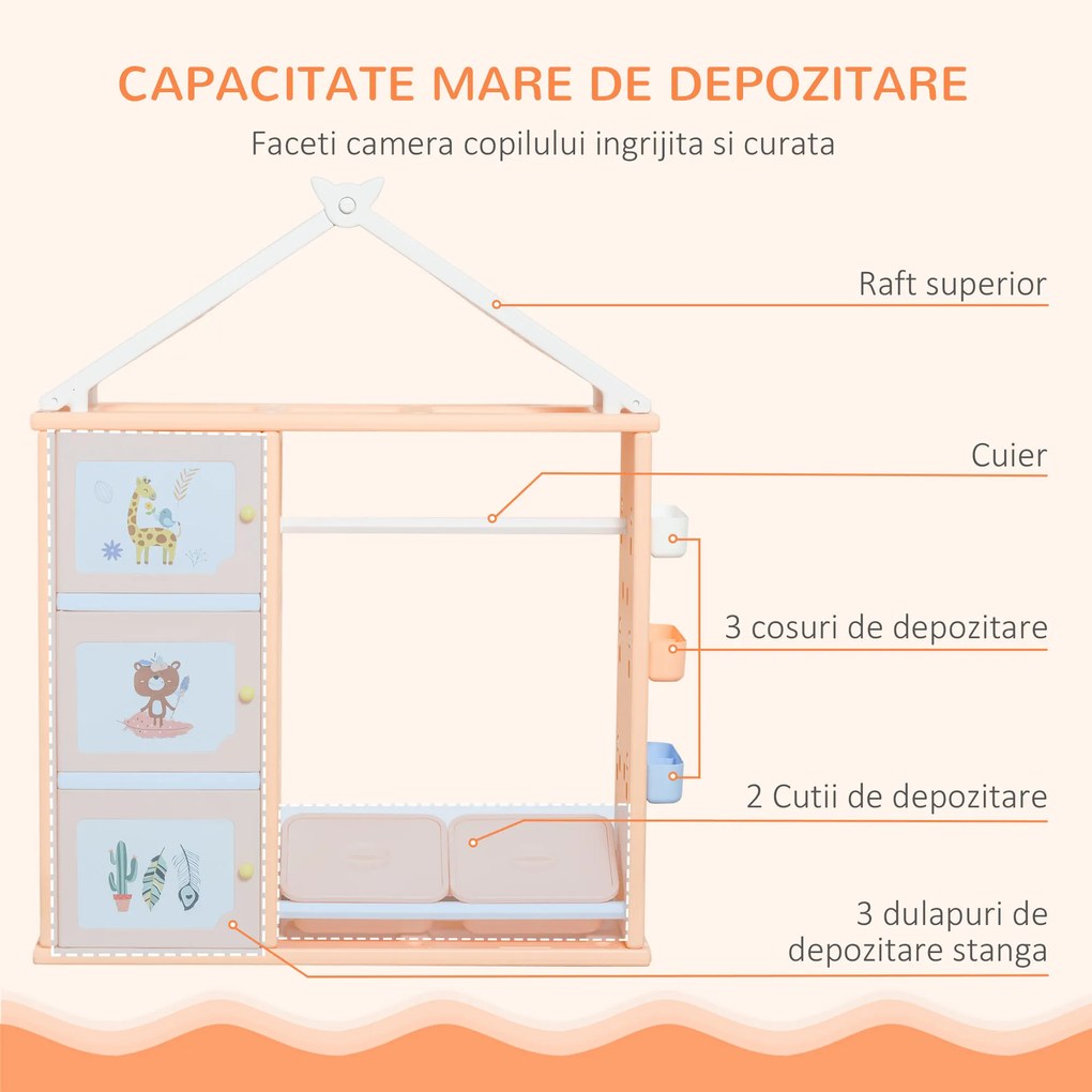 HOMCOM Organizator Jucării cu Containere și Cuier, 128x34x155cm, Portocaliu | Aosom Romania