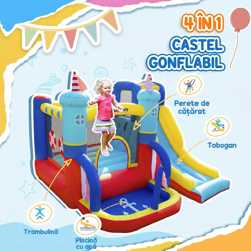 Castel Gonflabil 4 in 1 Outsunny pentru Copii de la 3 la 8 ani cu Tobogan, Trambulina, Piscina si Pompa inclusa, 265x260x200cm | Aosom Romania