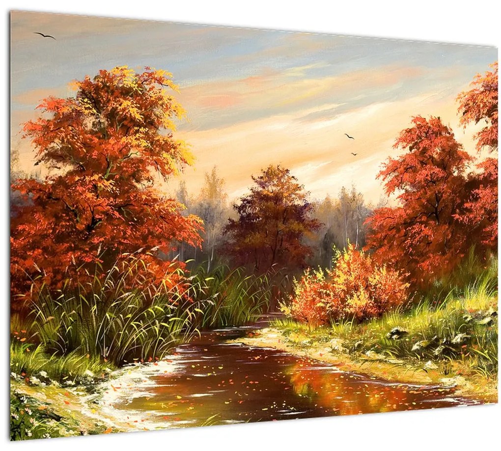 Tablou pe sticlă - Râu în peisaj de toamnă (70x50 cm)