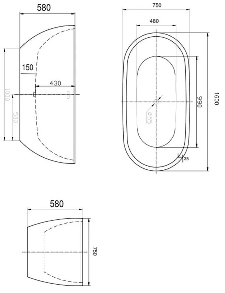 Cada baie freestanding ovala 160 x 75 cm alba Florida, Aura New 1600x750 mm