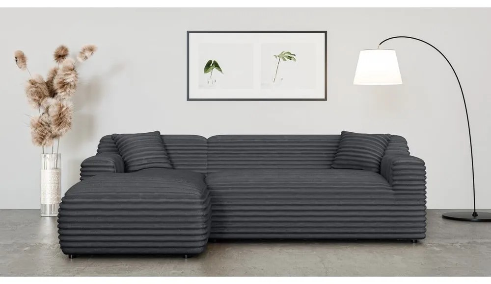 Colțar gri închis cu tapițerie din catifea reiată (cu colț pe partea stângă, cu șezlong) Martin – Ropez