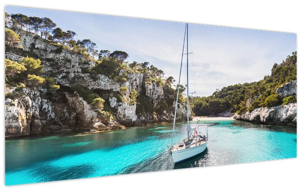 Tablou - Plajă cu barca cu pânze (120x50 cm)