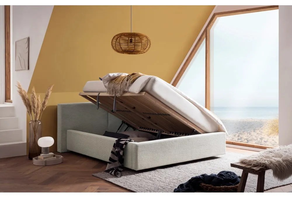 Pat matrimonial bej tapițat cu spațiu de depozitare cu somieră 140x200 cm Cube – Meise Möbel