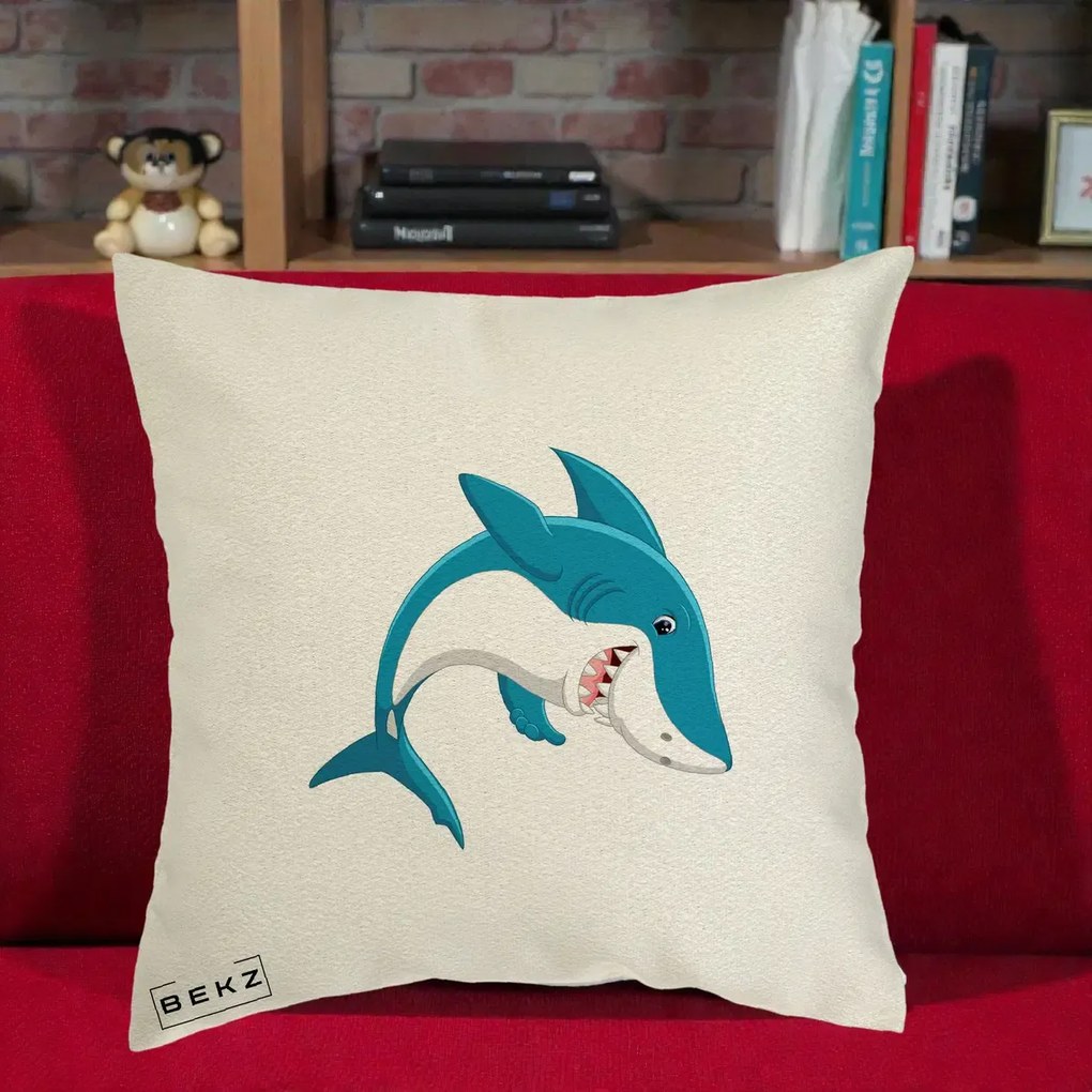 Perna Decorativa Rechin Albastru Cartoon, 40x40 cm, Ecru, Husa Detasabila, Perna Inclusa, BEKZ®