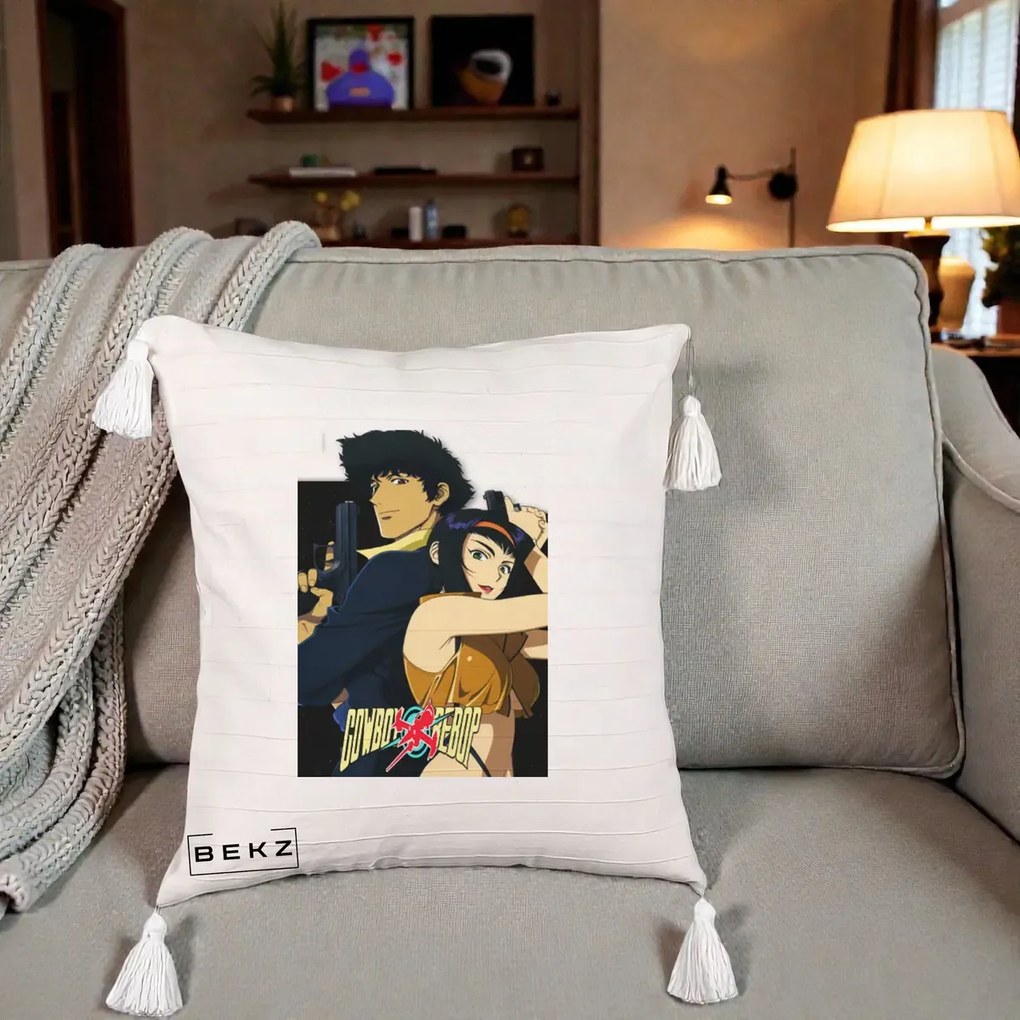 Perna Personalizata Cowboy Bebop Spike si Faye Poster, 40x40 cm, Bej cu Franjuri, Husa Detasabila, Perna Inclusa, BEKZ®