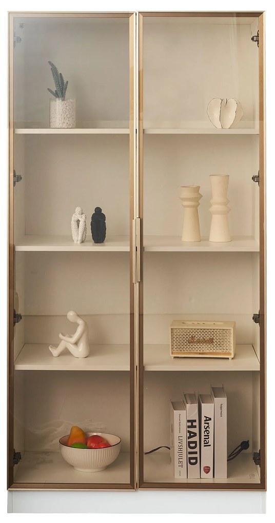 Set de Vitrine Moderne cu Iluminare LED și Rafturi Reglabile, potrivite pentru living, birou, din Sticlă, 80x40x160 cm + 70x35x150 cm, Alb