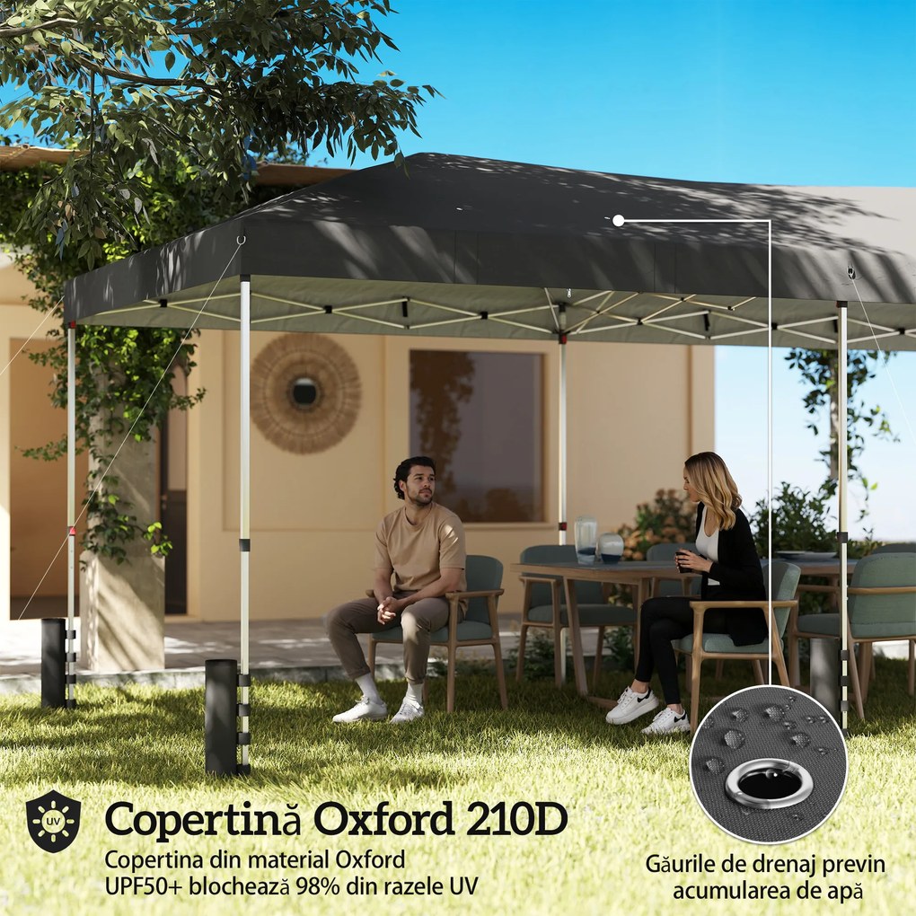 Outsunny Foișor Pliabil 3x6m Pop-Up cu 6 Pereți Laterali, Foișor de Grădină Reglabil pe Înălțime cu Saci de Nisip, Geantă cu Roți, UV50+ pentru Exterior, Gri Închis | Aosom Romania