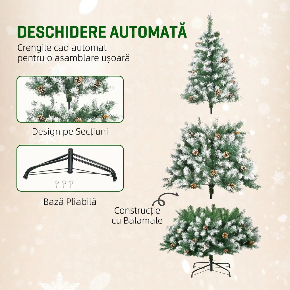 HOMCOM Brad de Crăciun Înzăpezit cu Conuri, Brad Artificial cu Deschidere Automată și Bază Pliabilă, Ø103x180 cm, Verde | Aosom Romania