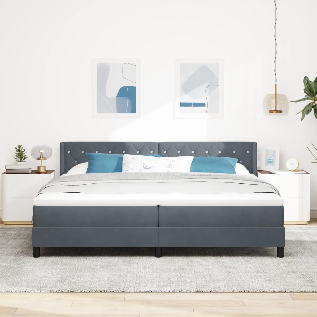 vidaXL Pat box spring cu saltea, gri închis, 200x200 cm, catifea