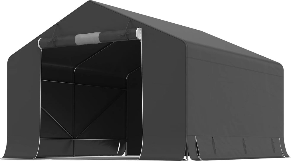 Outsunny Magazie de grădină portabilă, cort pentru biciclete, ușă rulabilă cu fermoar, cadru metalic, depozitare versatilă, gri închis | Aosom Romania