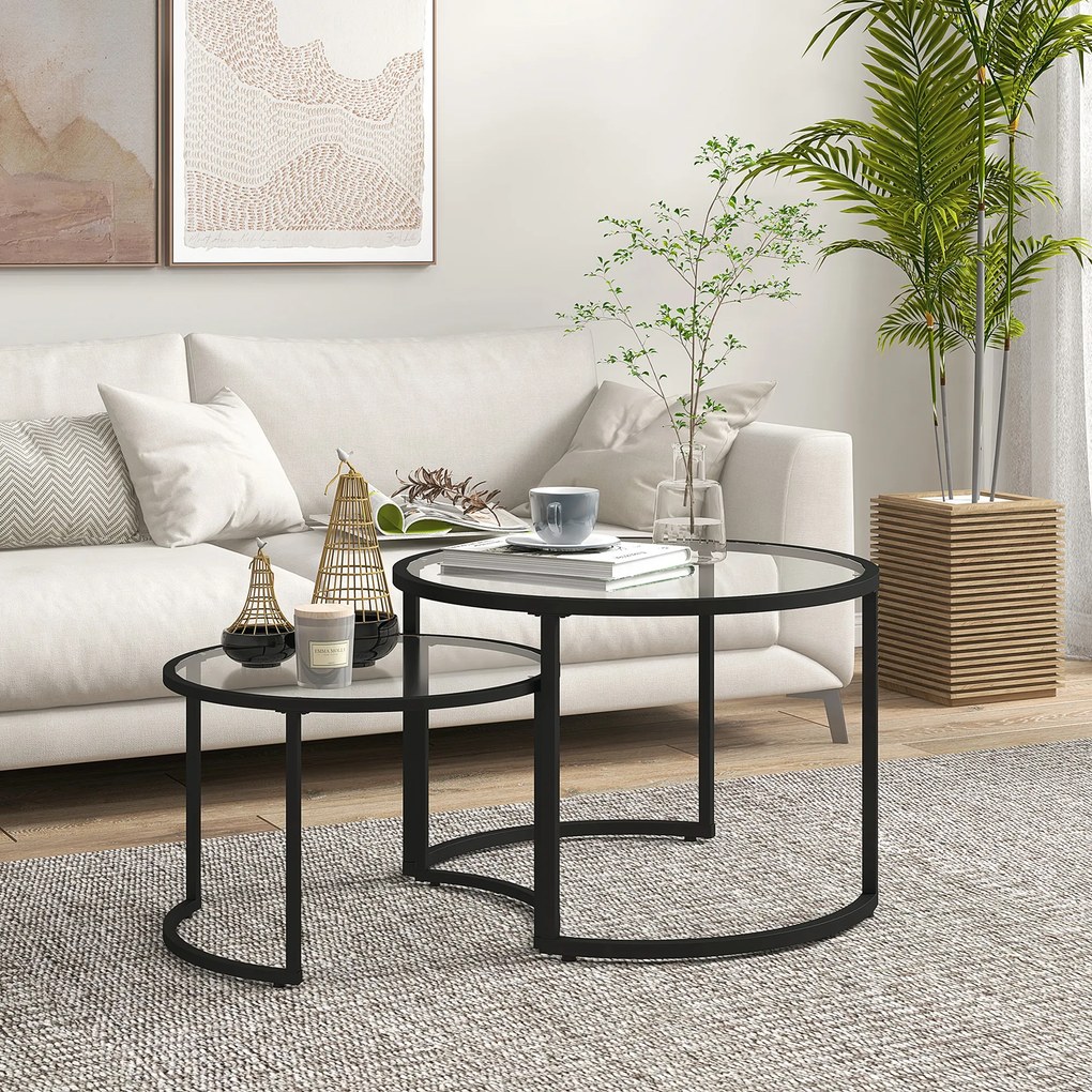 HOMCOM Set de 2 Mese de Cafea Suprapozabile din Sticlă și Oțel, Ø70x47.5 cm și Ø54x42.5 cm, Negru | Aosom Romania