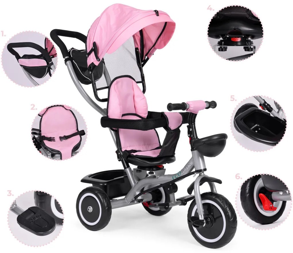 Triciclu triciclu cu scaun pivotant și parasolar pliabil 2in1 roz