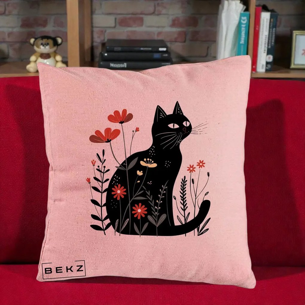 Perna Decorativa Pisica Neagra Flori Rosii Folk, 40x40 cm, Roz, Husa Detasabila, Perna Inclusa, BEKZ®