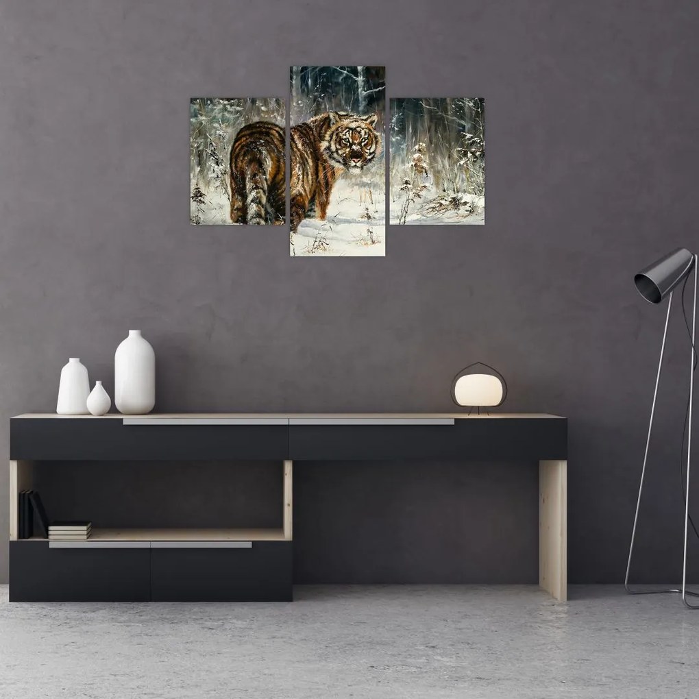 Tablou - Tigru într-o pădure înzăpezită, pictură în ulei (90x60 cm)