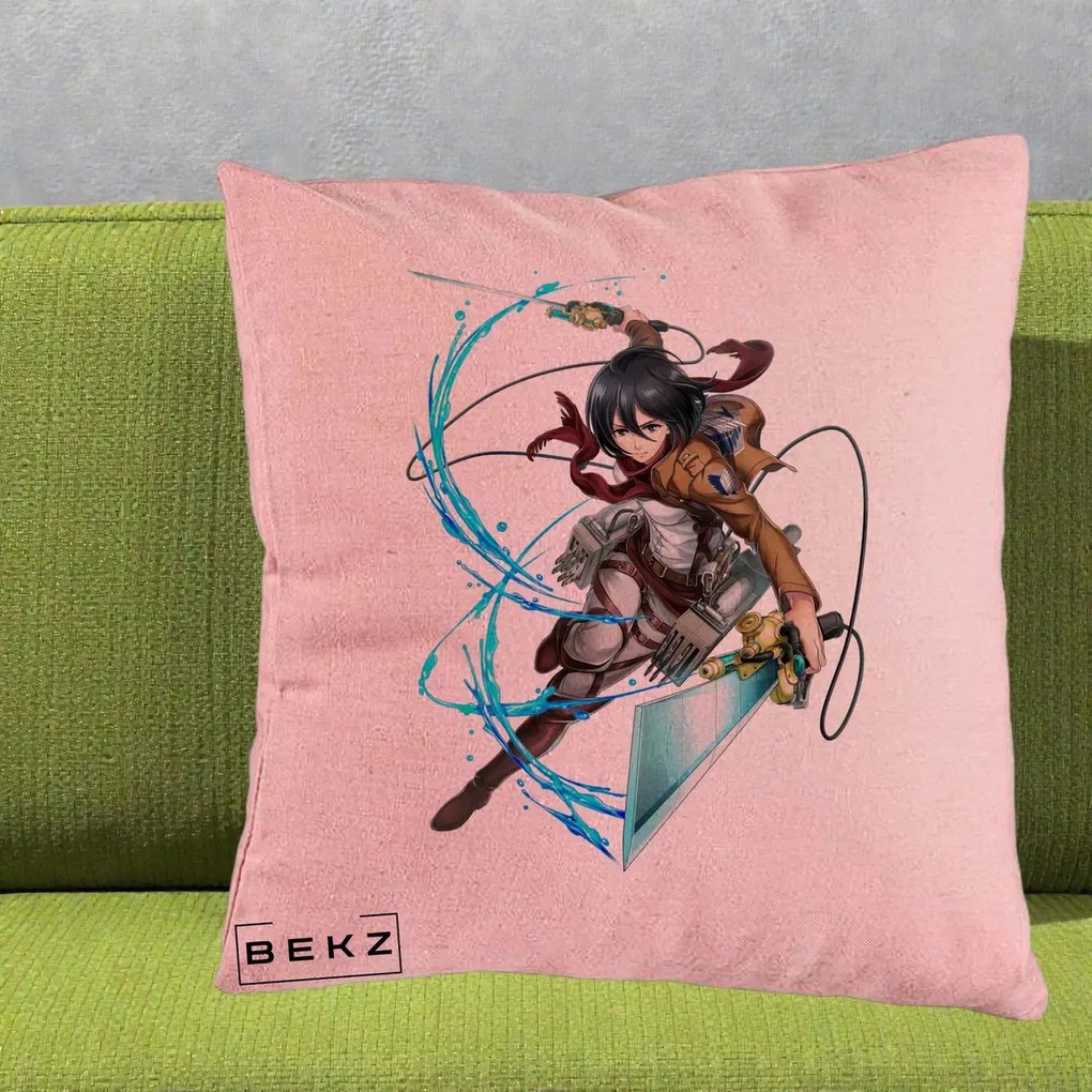 Perna Personalizata Attack on Titan Mikasa Ackerman Lupta, 40x40 cm, Roz, Husa Detasabila, Perna Inclusa, BEKZ®
