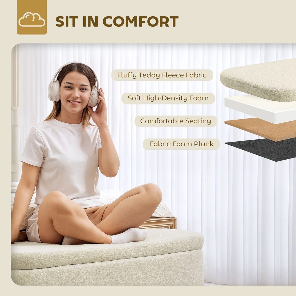 HOMCOM Banca de Depozitare de 65L din Material Teddy și Lemn, 120x42x45 cm, Bej | Aosom Romania