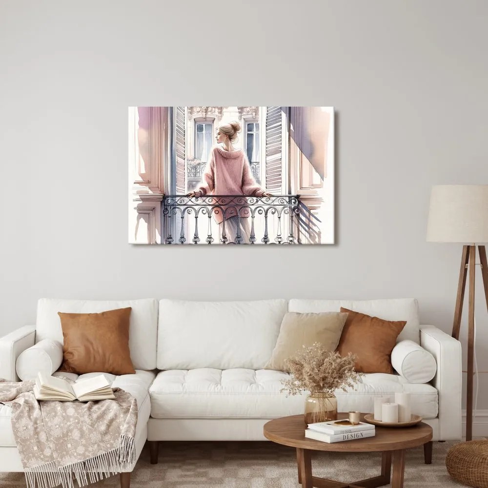 Tablou fată în pulover roz pe balcon
