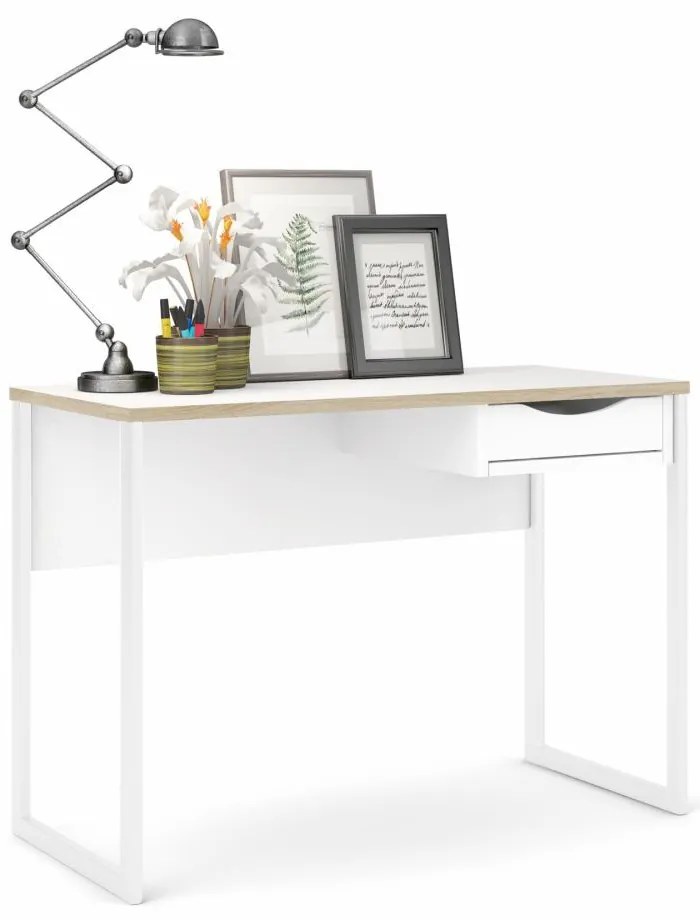 Birou alb EFREM PLUS 513 cu 1 sertar si blat cu decor de stejar