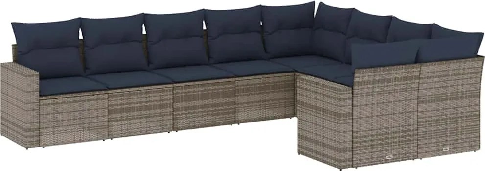 vidaXL Set canapele de grădină, 9 piese, cu perne, gri, poliratan