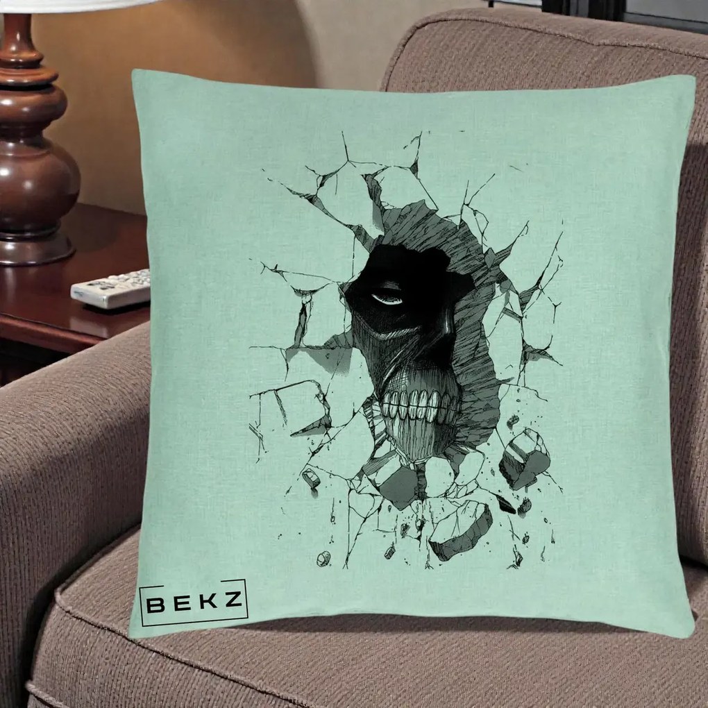 Perna Personalizata Attack on Titan Titan Crapand Zidul, 40x40 cm, Verde Menta, Husa Detasabila, Perna Inclusa, BEKZ®