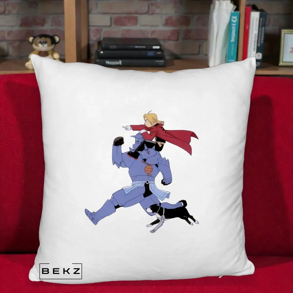 Perna Personalizata Fullmetal Alchemist Edward si Alphonse, 40x40 cm, Alb Pufos, Husa Detasabila, Perna Inclusa, BEKZ®