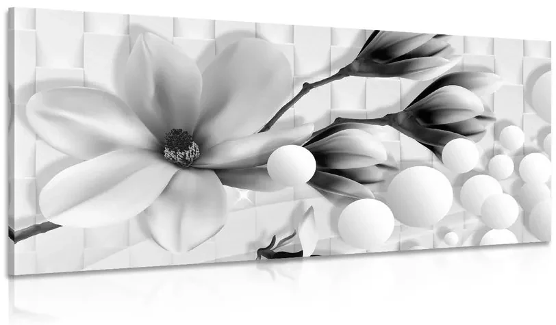 Tablou magnolie cu elemente abstracte alb-negru