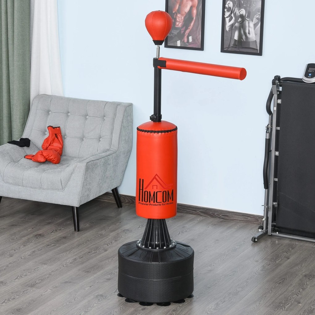 HOMCOM Sac de Box Ajustabil pe Înălțime, Bară Rotativă și Bază Umplută, 88x48x155-205 cm, Roșu