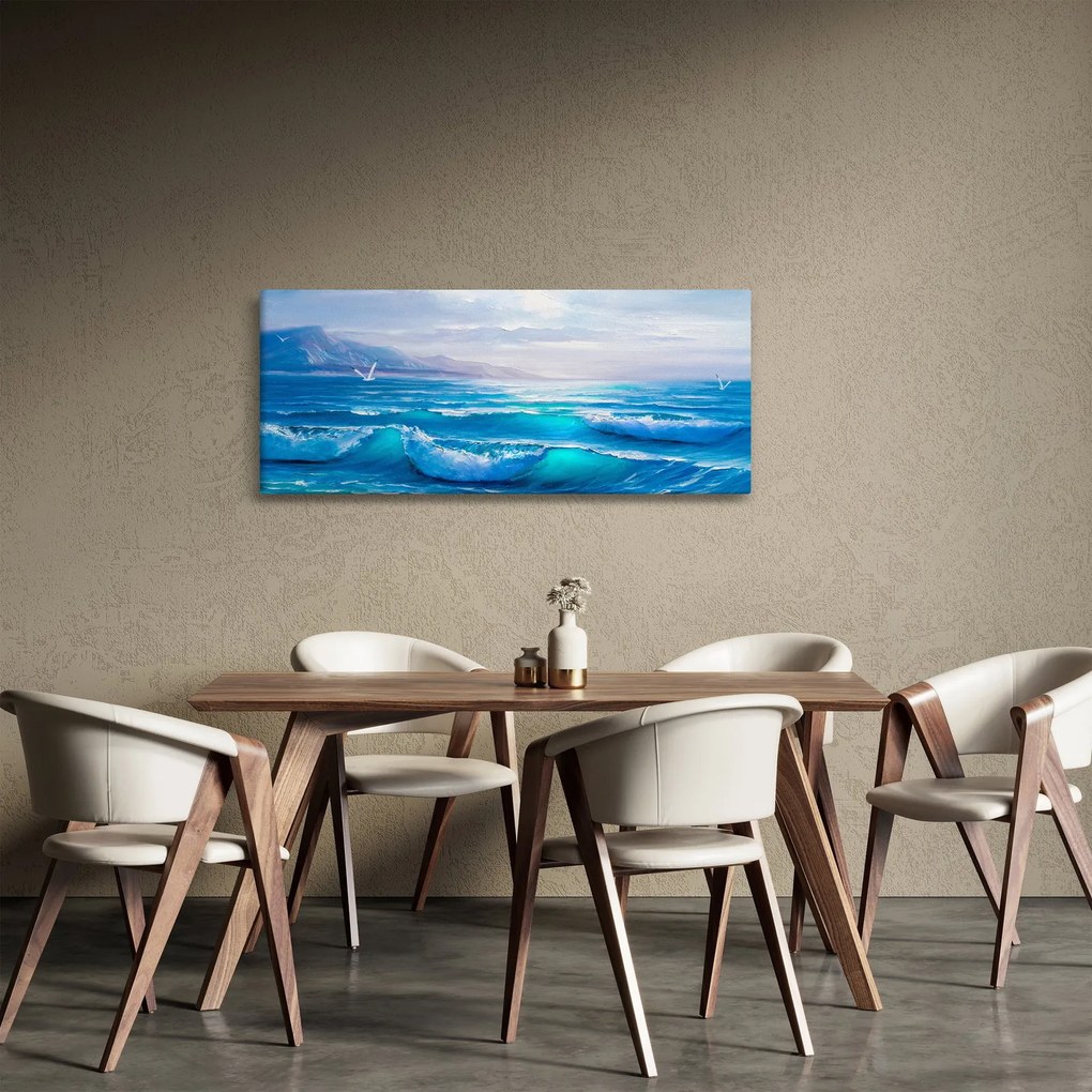 Tablou - Pictură în ulei de mare cu pescăruși (120x50 cm)