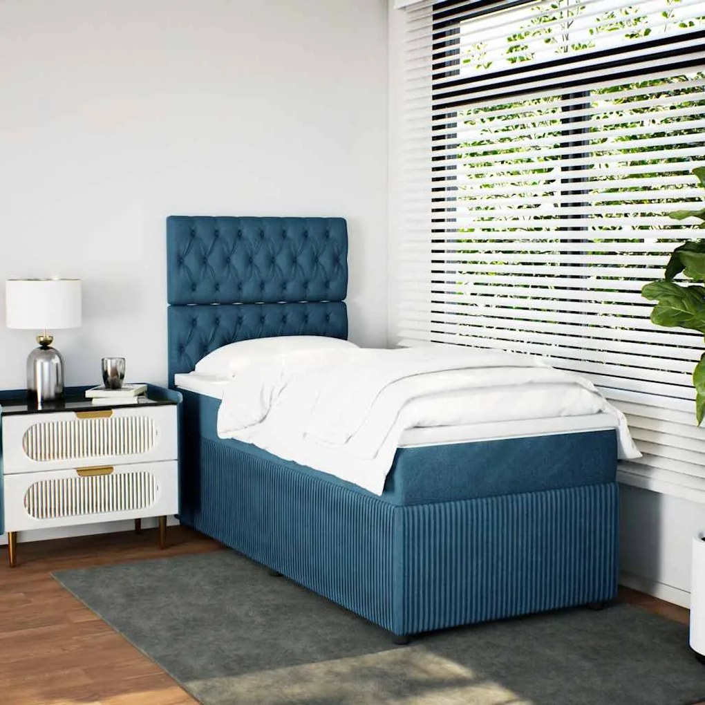 vidaXL Pat box spring cu saltea, albastru, 90x190 cm, catifea