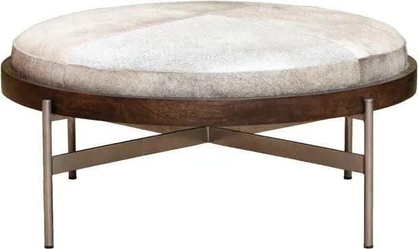 Taburet din piele de vacă gri și lemn de mango maro, cu structură din metal, formă rotundă, 42×96 cm, „Hike"