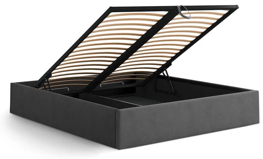 Pat matrimonial gri antracit tapițat cu spațiu de depozitare/fără tăblie cu somieră 160x200 cm Susan – Micadoni