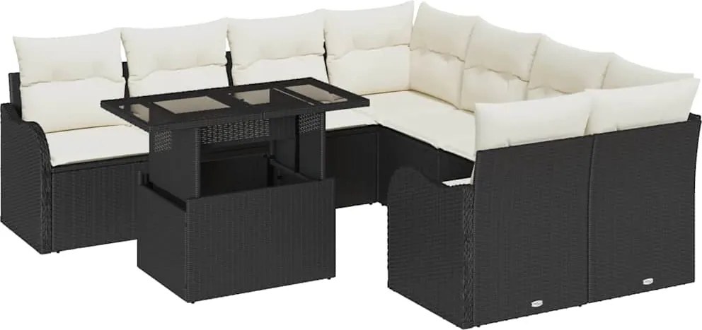 vidaXL Set de canapele pentru grădină cu pernă 9 pcs Negru Poliratan