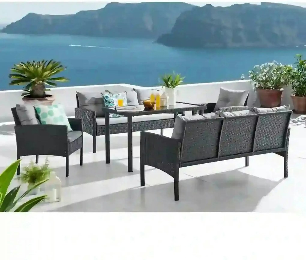 Set gradina LERON, negru/gri, ratan/otel/sticla securizata, cu masa, 2
