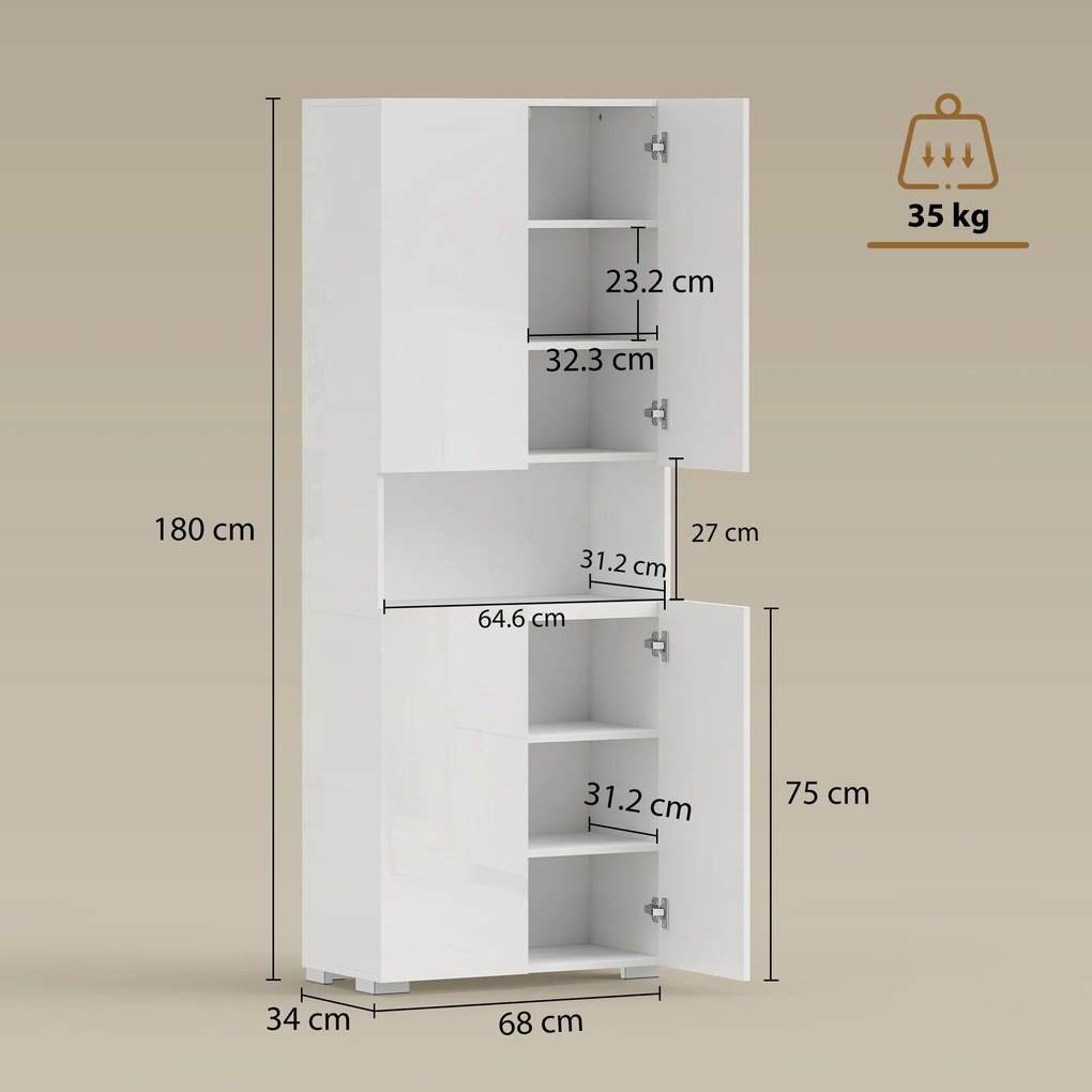 HOMCOM Dulap înalt de bucătărie 180 cm, dulap pentru provizii cu uși soft-close și rafturi reglabile, alb lucios | Aosom Romania