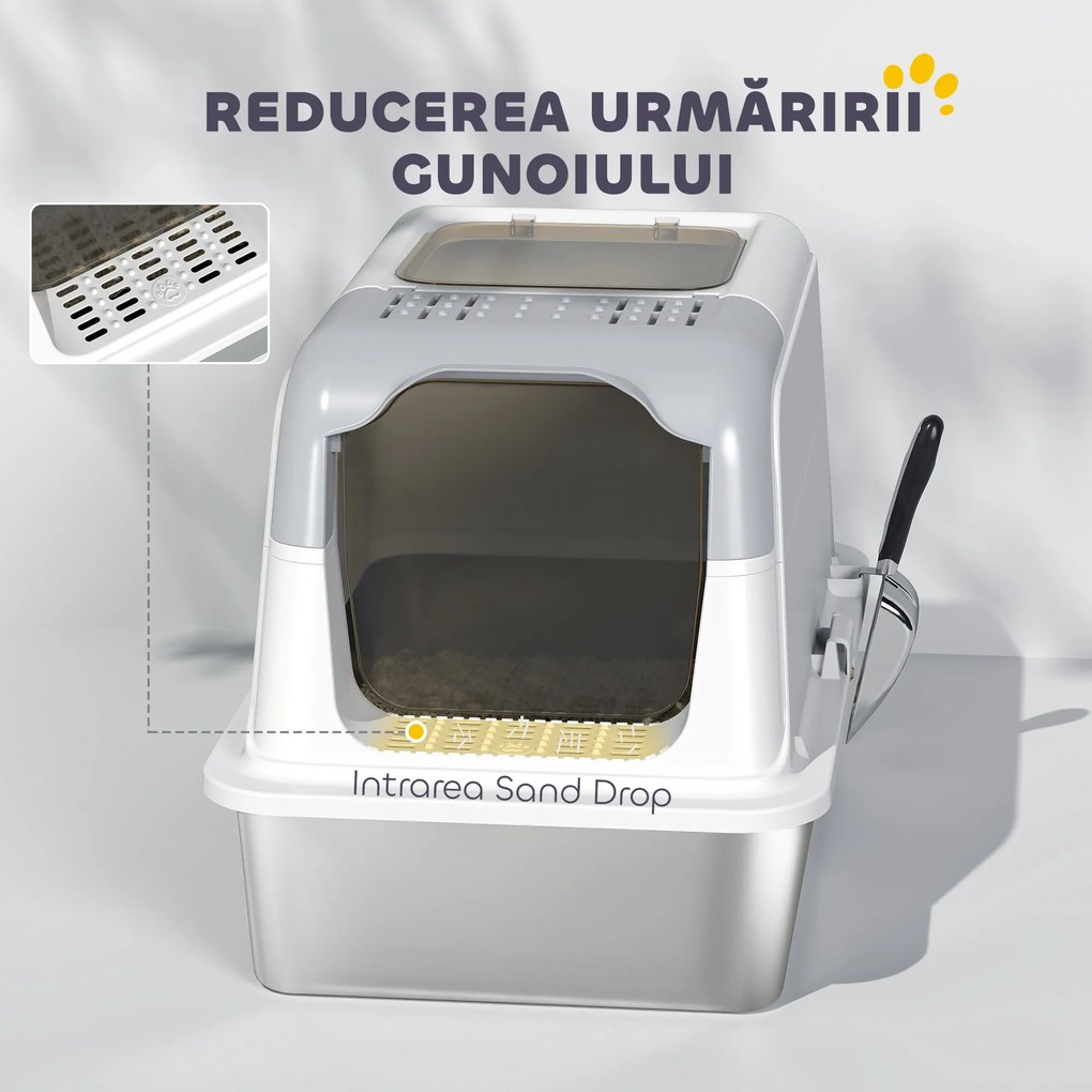 PawHut Litieră pentru pisici cu 2 intrări, deodorant și lopățică Alb și gri | Aosom Romania