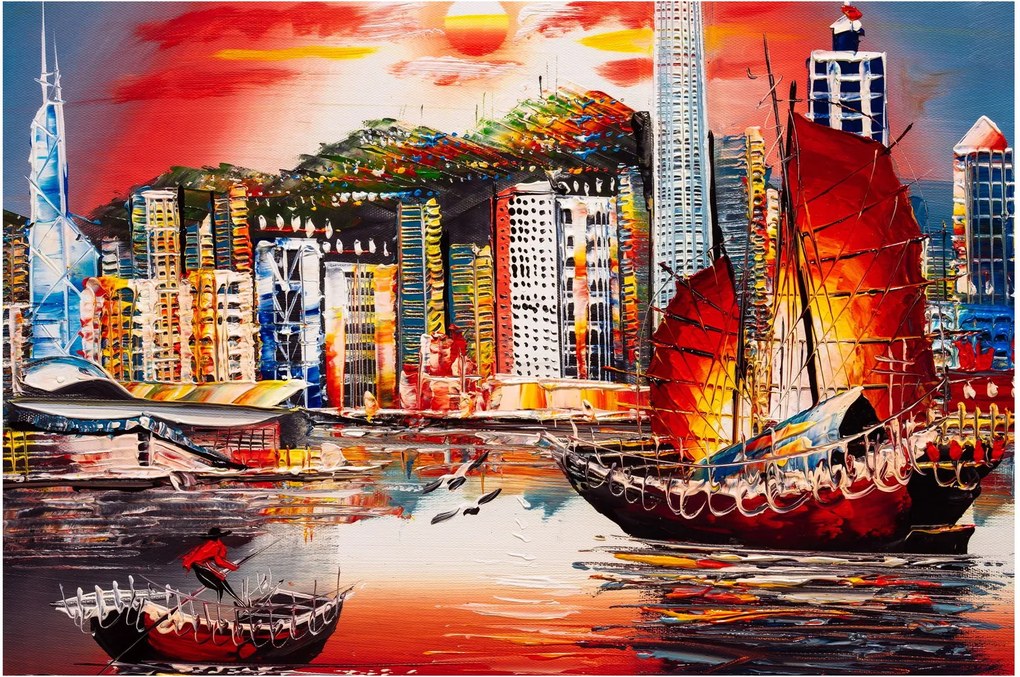 Tablou - Victoria Harbour, Hong Kong, pictură în ulei (90x60 cm)