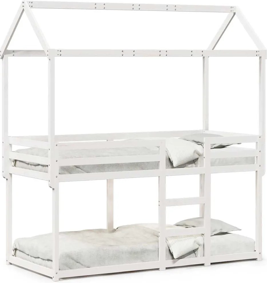 vidaXL Pat supraetajat cu acoperiș, alb, 90x200 cm, lemn masiv de pin