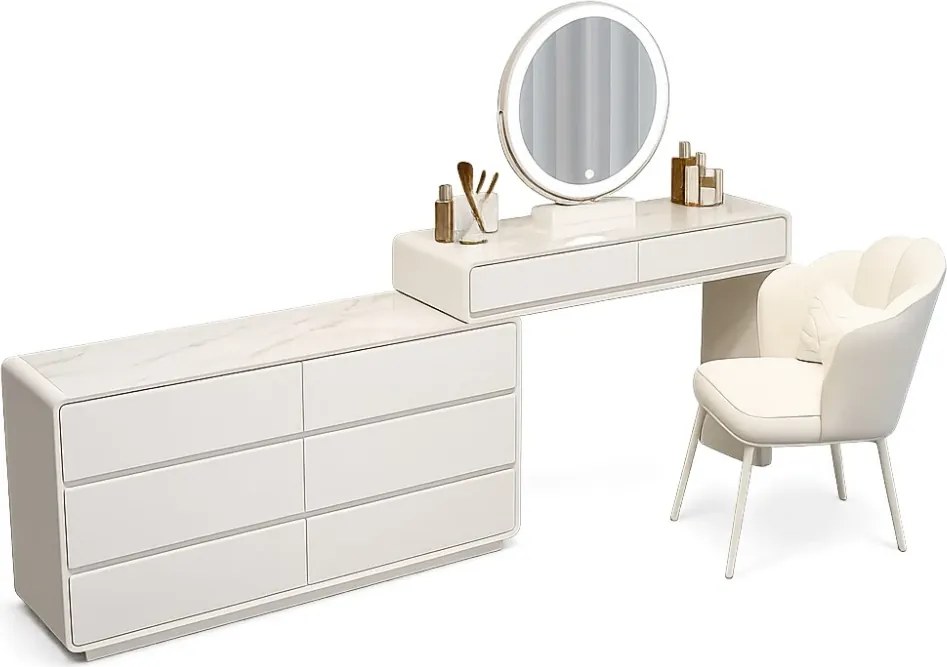 Set AUDREY ELEGANCE – Masă de Toaletă pentru Machiaj cu Oglindă iluminată LED, Control Touch, Comodă, Scaun, Alb