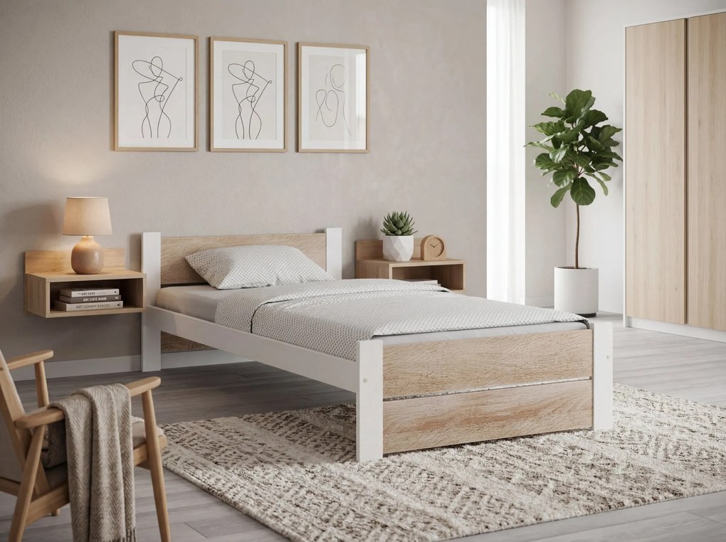 Pat IKAROS DOUBLE 80 x 200 cm, alb/dub sonoma Saltele: Fara saltea, Somiera pat: Cu lamele drepte