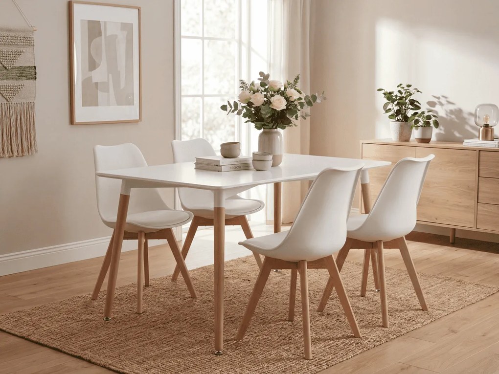 Set de luat masa 1 + 4, masa alba ADRIA 120x80 cm + scaun alb BALI MARK cu picioare din lemn de fag