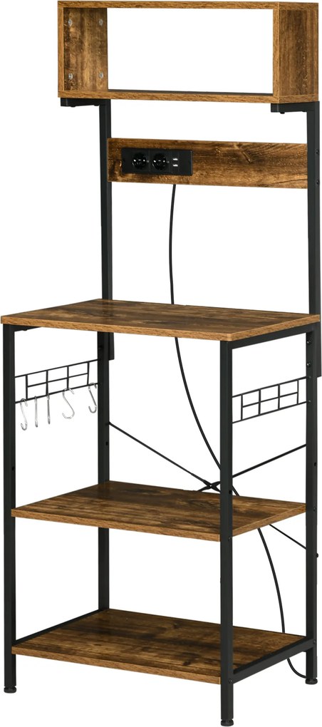 HOMCOM Raft de Bucatarie cu Prize Mutiple, Dulap pentru Microunde cu Rafturi și Mânere din Sârmă Stil Industrial, 90x42x130 cm, Maro | Aosom Romania