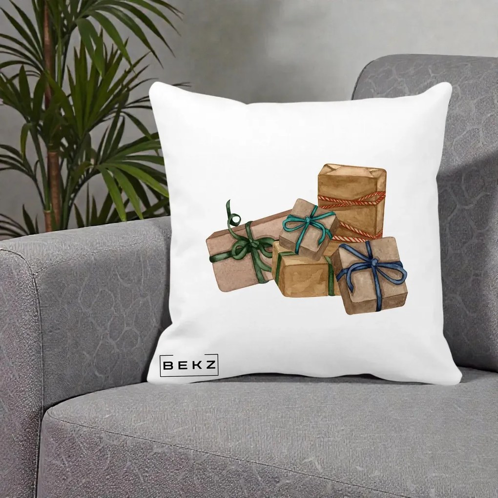 Perna Decorativa Cadouri de Craciun Kraft, 40x40 cm, Alba Mata, Husa Detasabila, Perna Inclusa, BEKZ®
