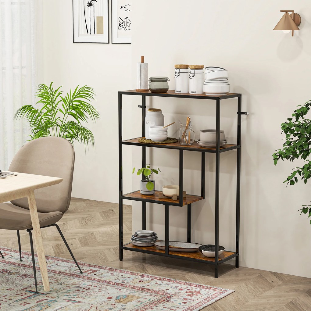 HOMCOM Bibliotecă cu 4 Rafturi, Stil Industrial, Lemn și Metal, 77x30x116cm, Maro | Aosom Romania